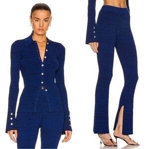 Le Ore Rimini Button Down Cardigan and Flared Split Hem Pants in Space Blue
